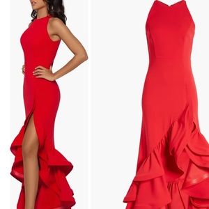 Ruffle Halter Crepe Gown Red